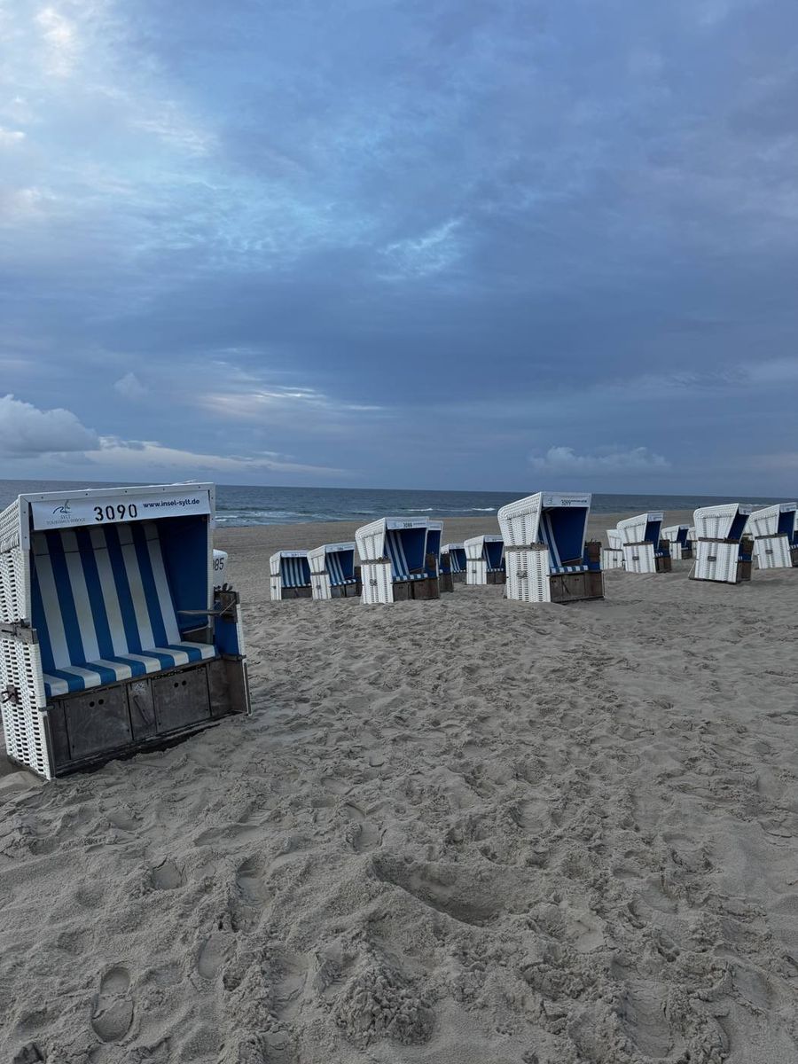 Leere blau-weiße Strandkörbe am Sylter Strand unter einem Abendhimmel